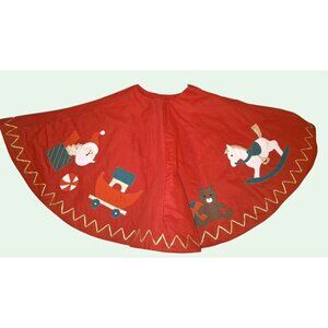 Vintage Red Christmas Tree Skirt With Appliqué Santa Bear Toys Gold Zigzag Trim
